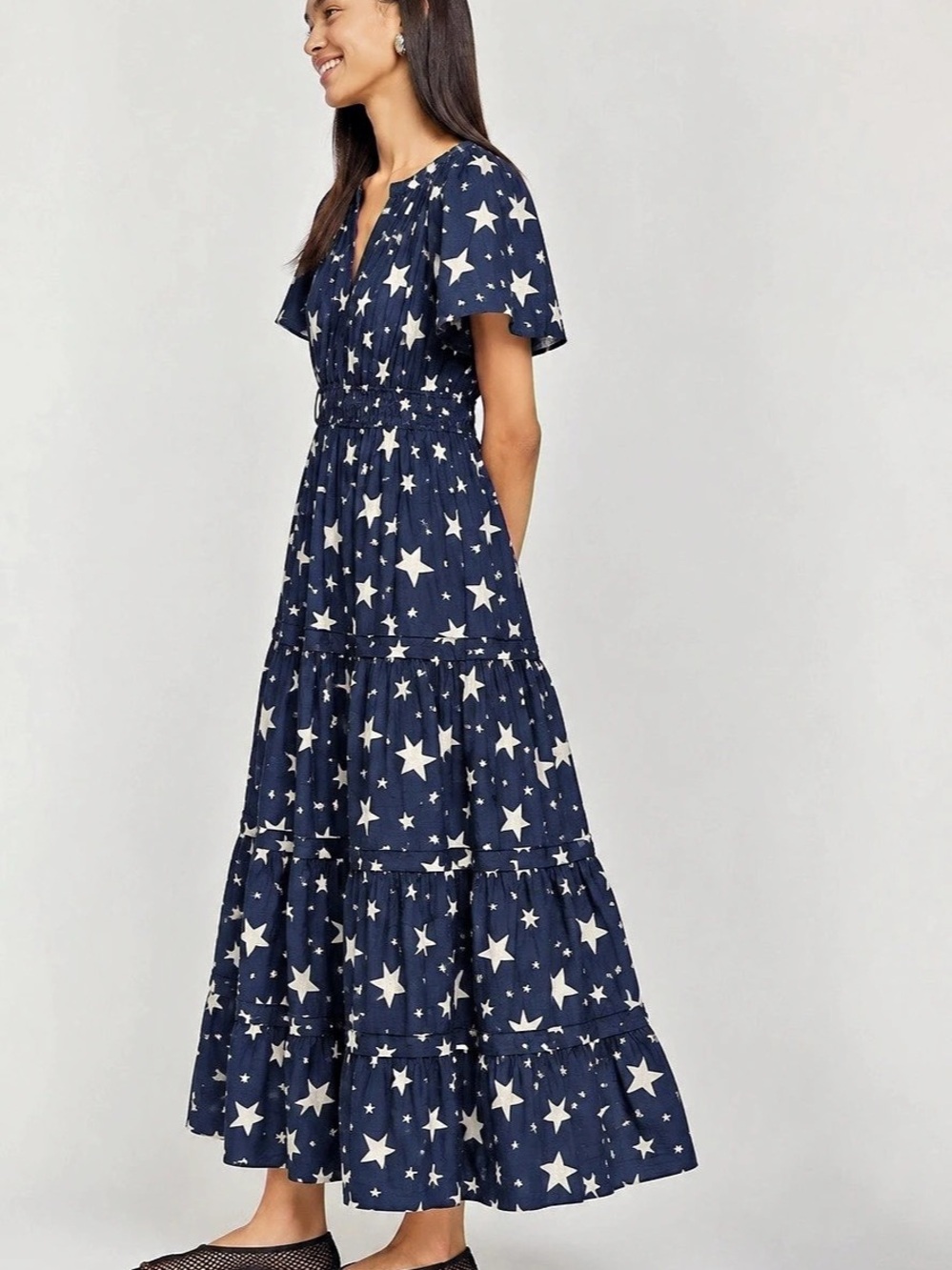 Anthropologie Somerset Maxi Dress Navy Star Print Rare Size L
